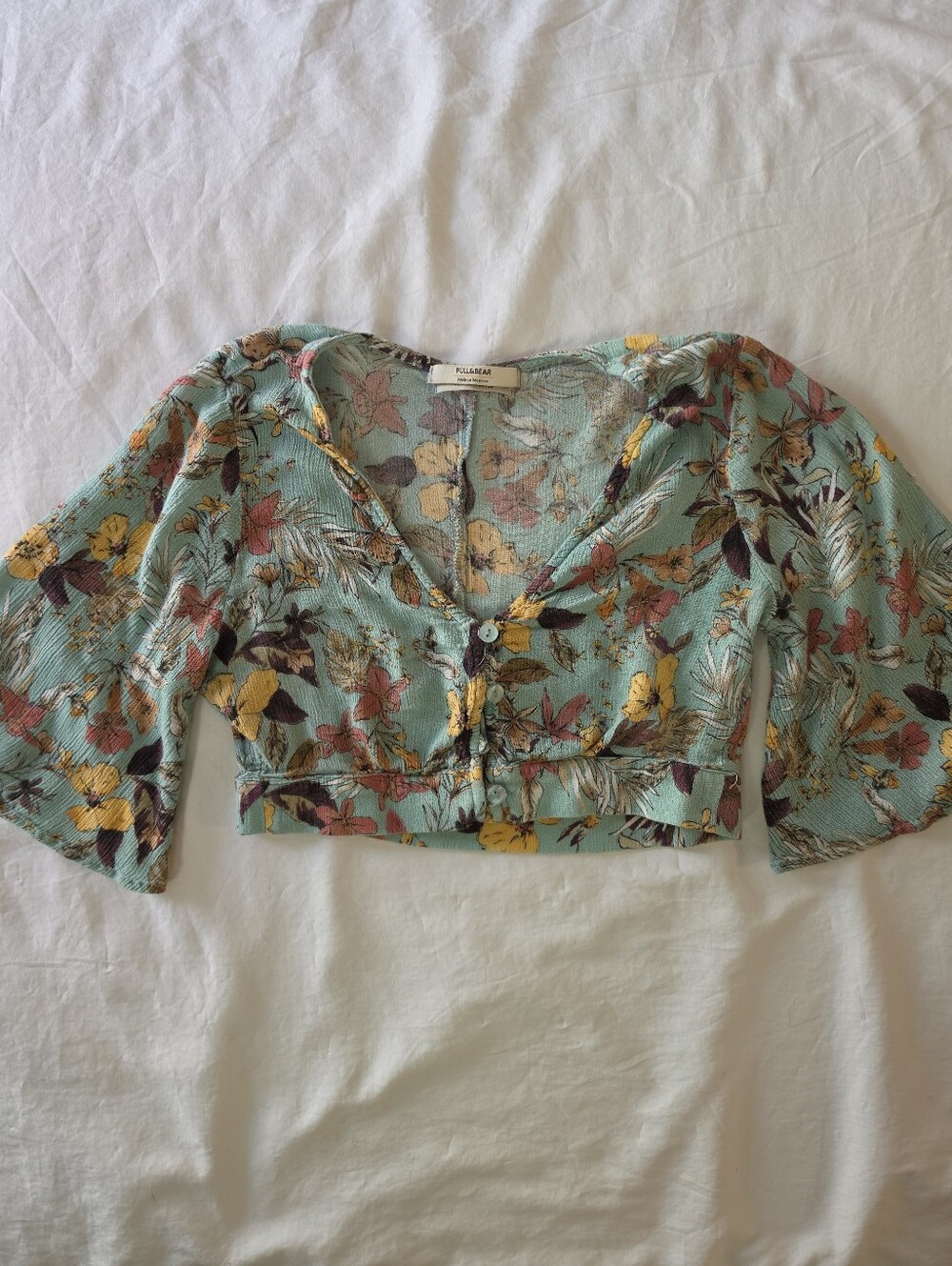 Pull&Bear Tropical Floral Bell Sleeve Crop Top Small Boho Festival Island Core